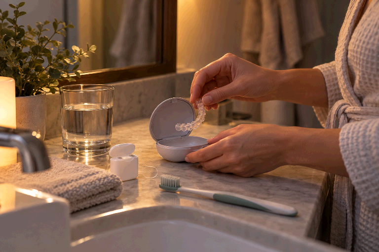 AI-generated illustration of an evening oral-care routine with a clear aligner case, toothbrush and floss