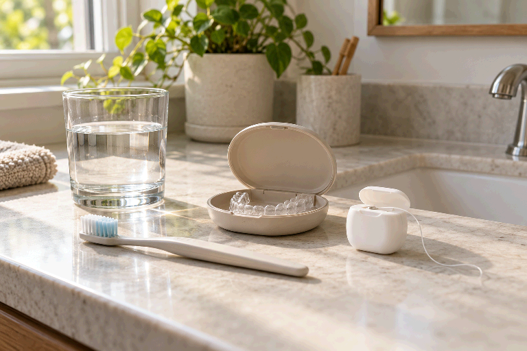 AI-generated illustration of an oral-care setup with toothbrush, floss and clear aligners in their case